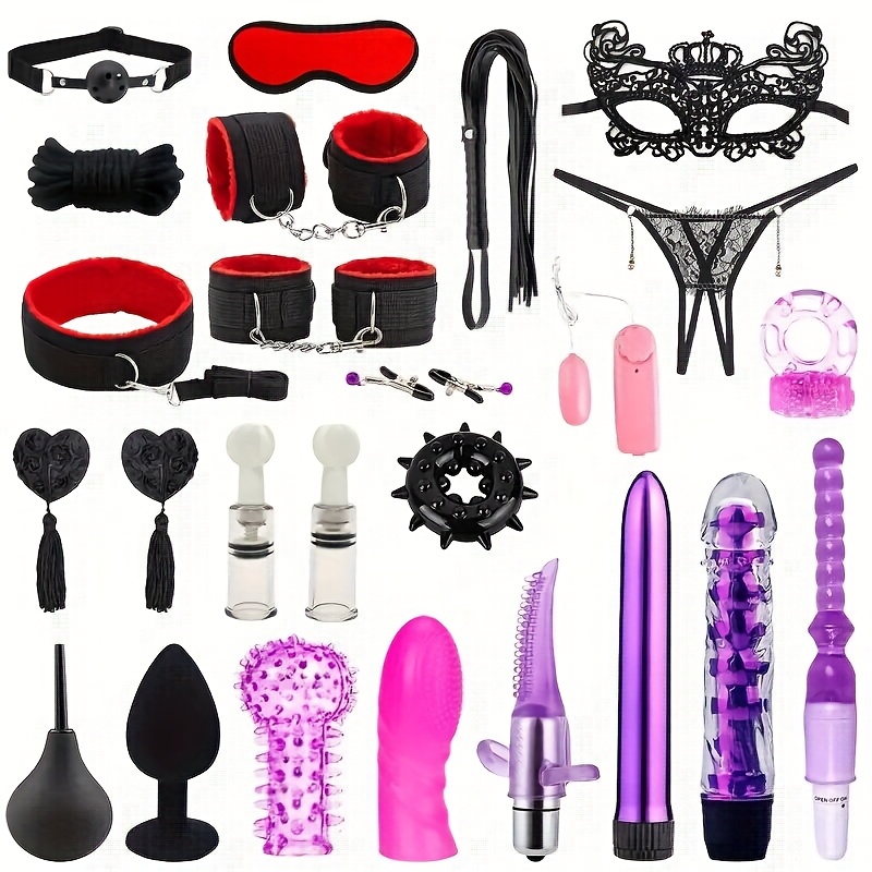 Kit de bondage BDSM 27 pièces pour couples - Menottes, bandeau pour les yeux, fouet, stimulateur perlé, lingerie sexy, jouets coquins - Ensemble de jeux pour adultes débutants avec attaches et accessoires