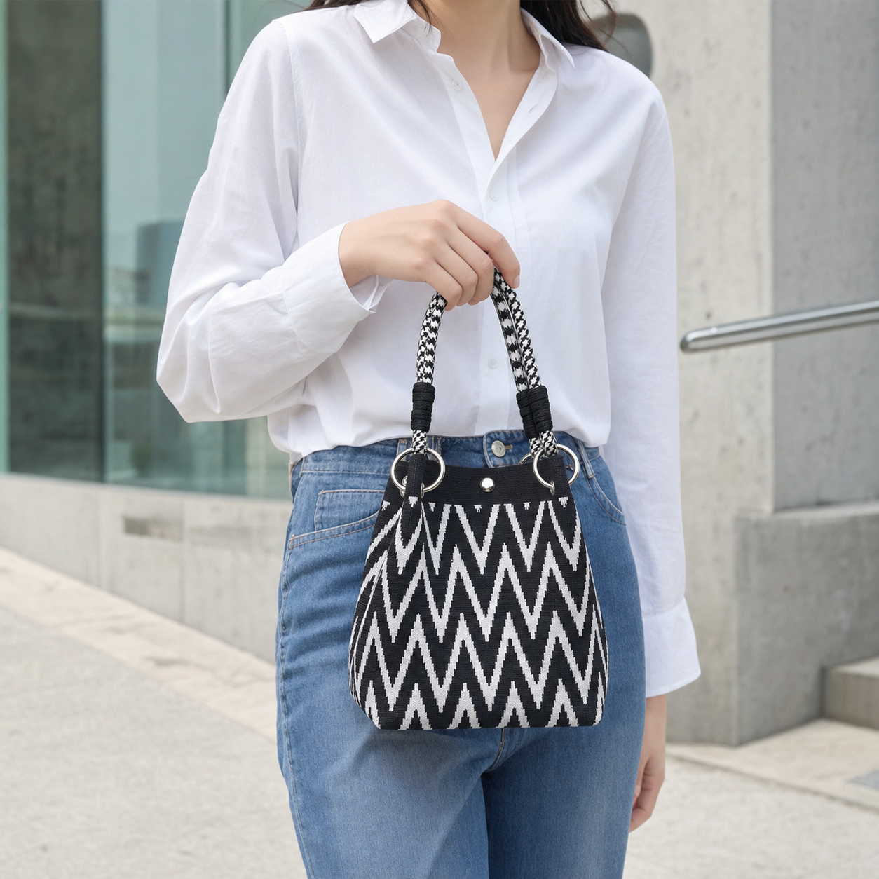 Tas Tote Mini Geometris Wanita Hitam Gading Tas Tangan Grafis Pegangan Cincin Dompet Harian Ringkas untuk Pakaian Gaya Korea