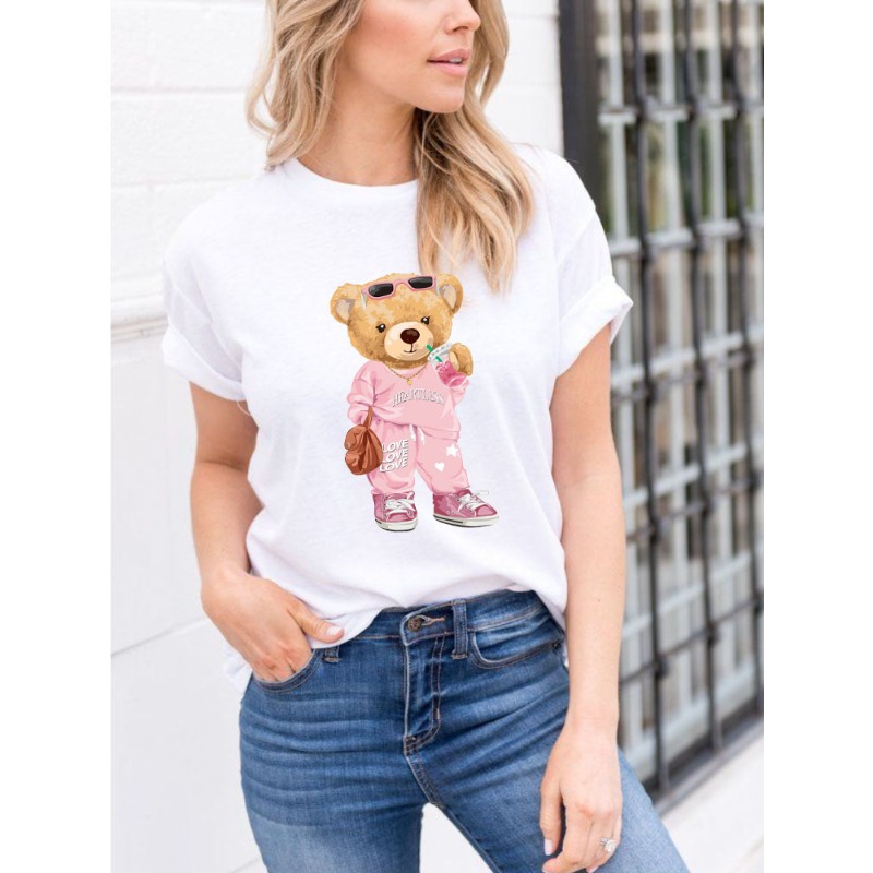 Dames Fun Cartoon Milk Tea Bear Print Ronde hals T-shirt met korte mouwen Tops Teddybeer Oversized T-shirt