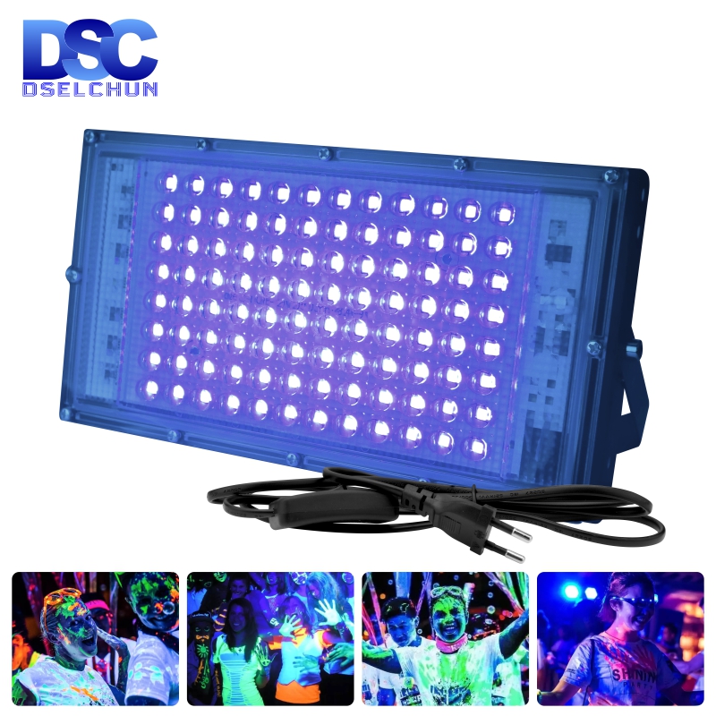 Reflektor LED UV 110V 220V 50W 100W Światło imprezowe 395nm 400nm IP65 Wodoodporna ultrafioletowa fluorescencyjna lampa sceniczna z wtyczką US/EU
