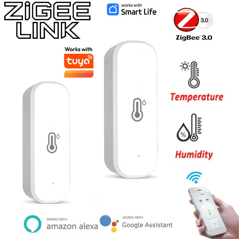 Czujnik temperatury i wilgotności Tuya Zigbee 3.0, zasilany bateryjnie, zdalny monitoring przez aplikację, sterowanie głosowe, kompatybilny z Alexa i Google Home.