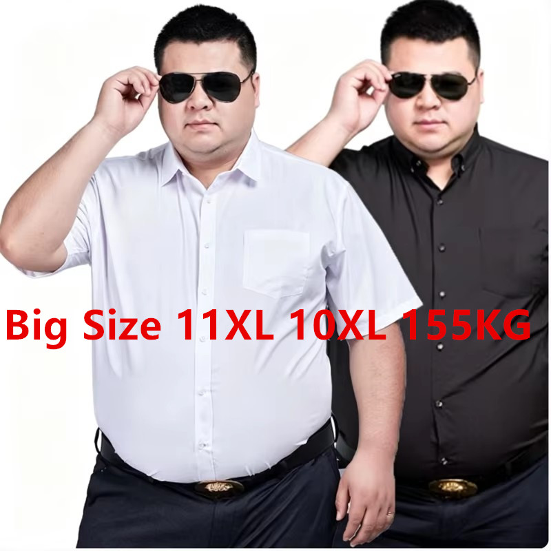 Plus Size 11XL 10XL Heren Business Overhemd Casual Korte Mouw Zomer Veelzijdig Zwart-Wit Twill Effen Basic Sociaal Formeel 155KG
