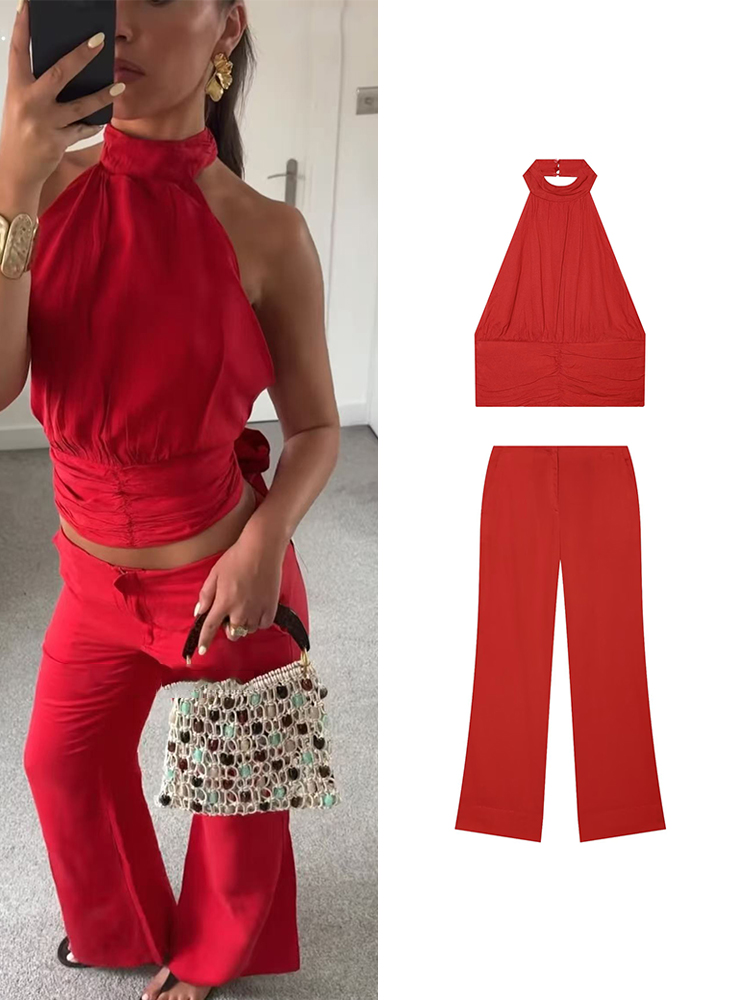 TFMLN Set Atasan Ruffle Merah Wanita Atasan Tanpa Lengan Punggung Terbuka Halter Celana Panjang Lurus Pinggang Tinggi Chic Pakaian Fashion Seksi