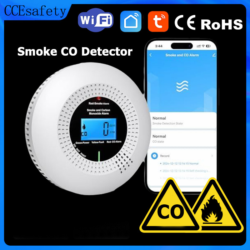 Детектор дыма и угарного газа CCEsafety Wifi Tuya, с 10-летним датчиком, на батарейках, для дома, котельной, камина