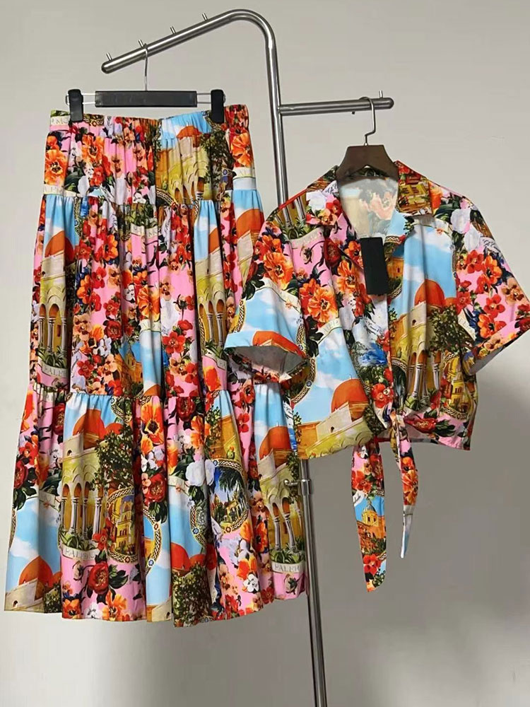 Retro zomer dames nieuw tweedelig reverspak met enkelrijdige knoopsluiting, strapless kort shirt + elastische taille A-vormig modepak