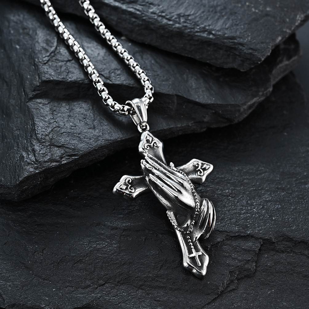 Necklace For Men National Retro Style Hand Of Prayer Stainless Steel Cross Fresh Fashion Necklace Personality Niche Pendant