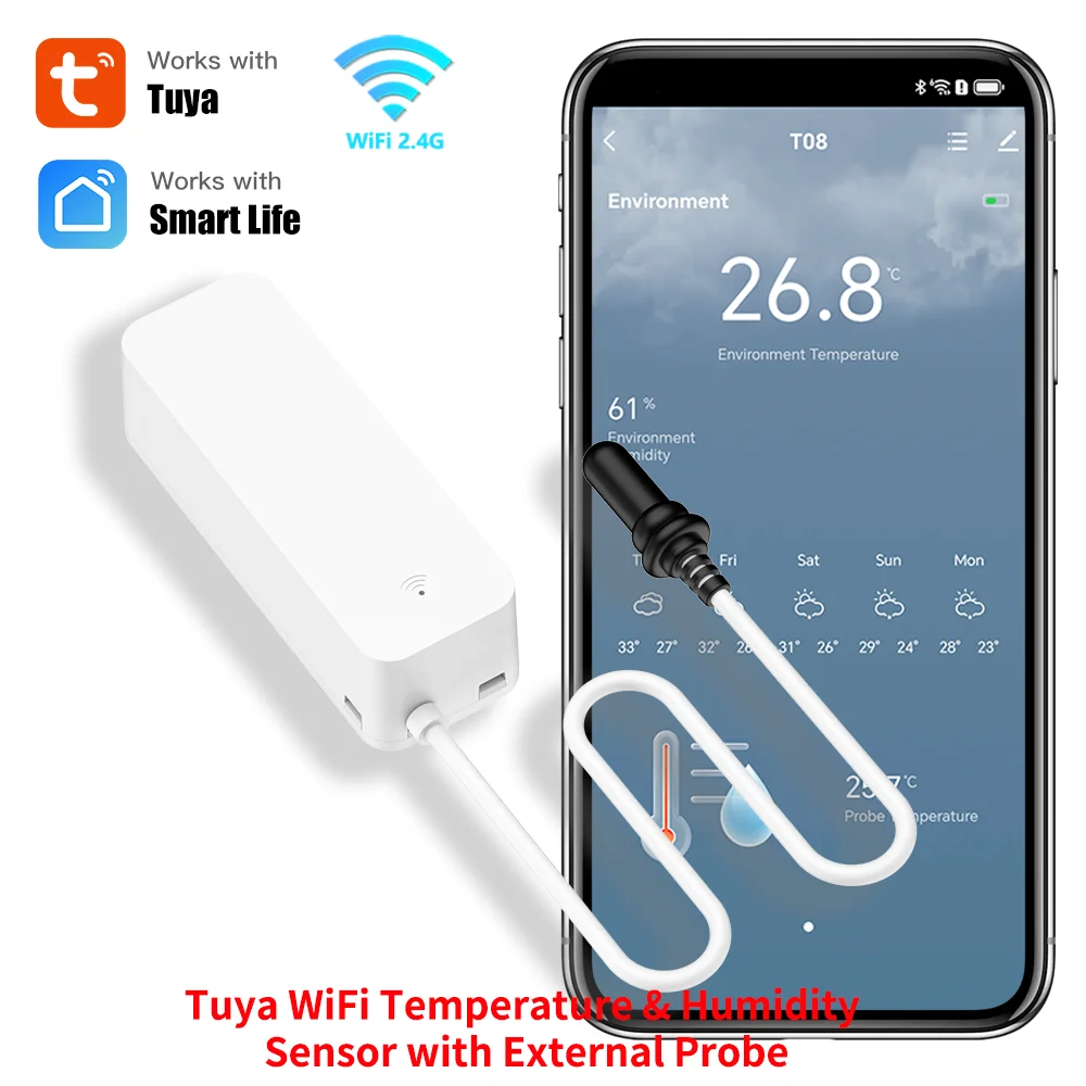 Sensor de temperatura y humedad WiFi Tuya con sonda externa para higrómetro doméstico inteligente, monitoreo por aplicación para plantas, acuario, bodega