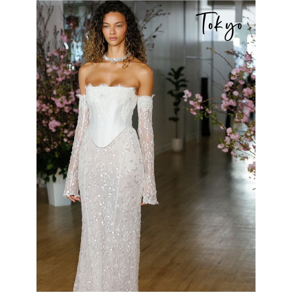 Vestido de Noche Elegante Personalizado de Tokio, Estilo Sirena, Manga Larga, Satén, con Cordones, Largo hasta el Suelo, para Fiesta de Graduación, con Cuentas y Flores