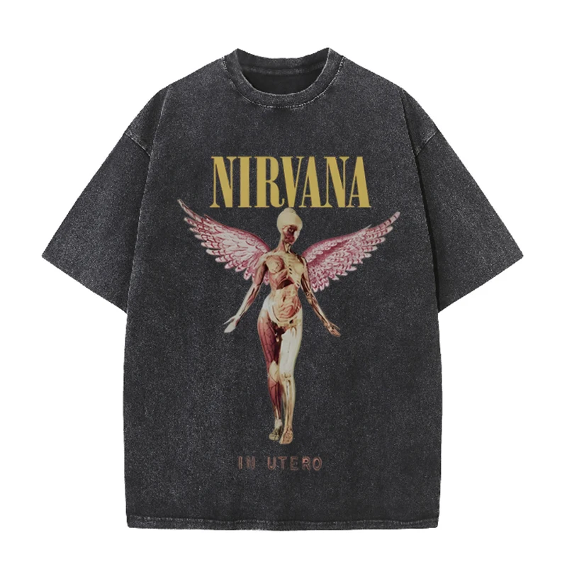T-shirt décontracté avec imprimé Nirvana Angel In Utero, style vintage délavé, groupe de rock