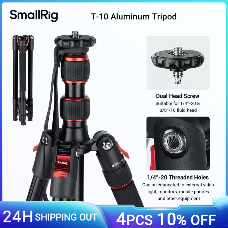 SmallRig-Trépied pour appareil photo T-10, trépied pliable en aluminium 68 "et monopode compatible avec 1/4"-20 "et 3/8"-16 Tête vidéo pour téléphone appareil photo