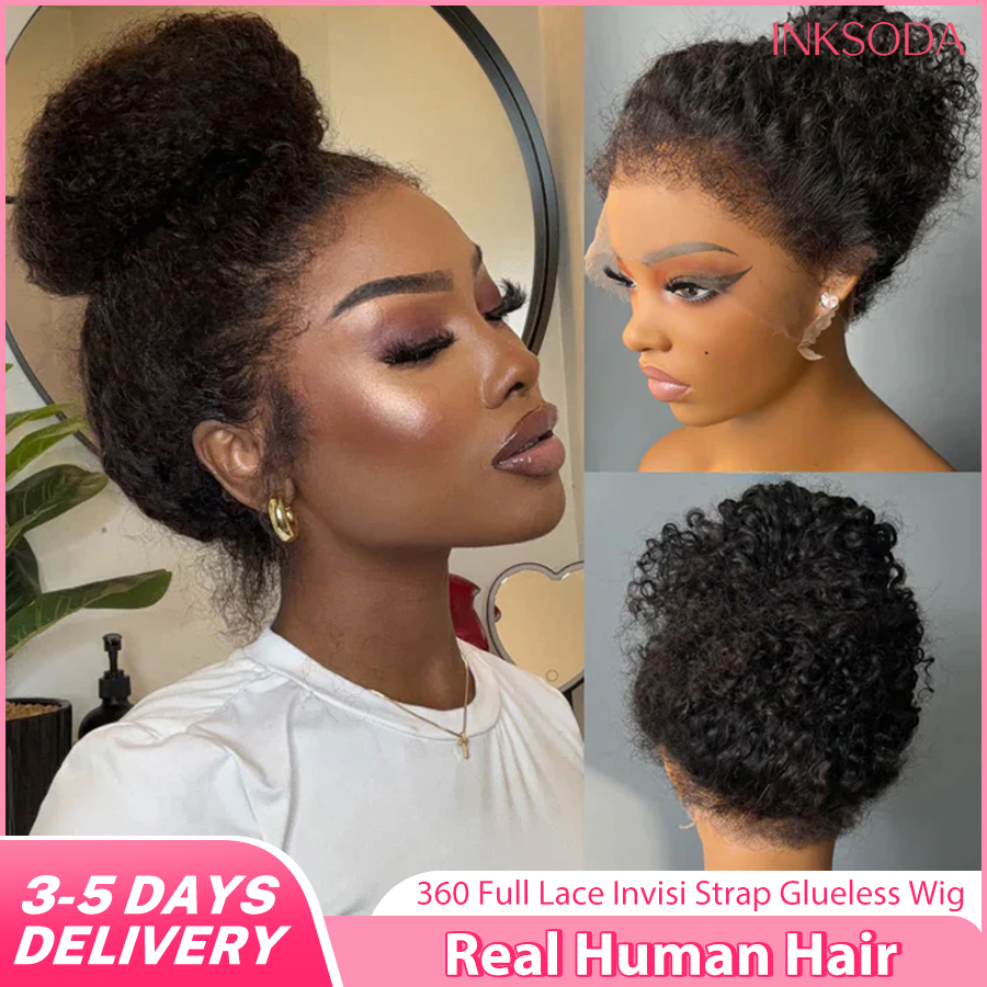 220% 36 inch HD Invisi Strap 360 Full Lace Frontal Deep Wave Wig Black Real Human Hair Drawstring Snug Curly Wig Glueless