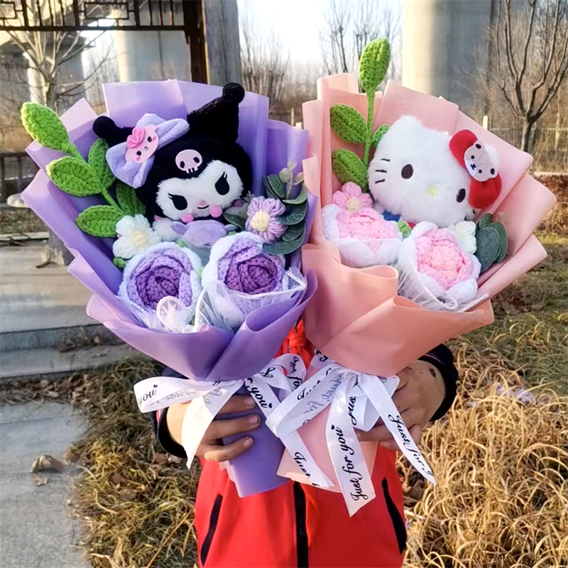 Hello Kitty Kuromi Cinnamoroll My Melody pluche boeket met handgemaakte geweven roos feestdecoratie Valentijnsdag verjaardagscadeau