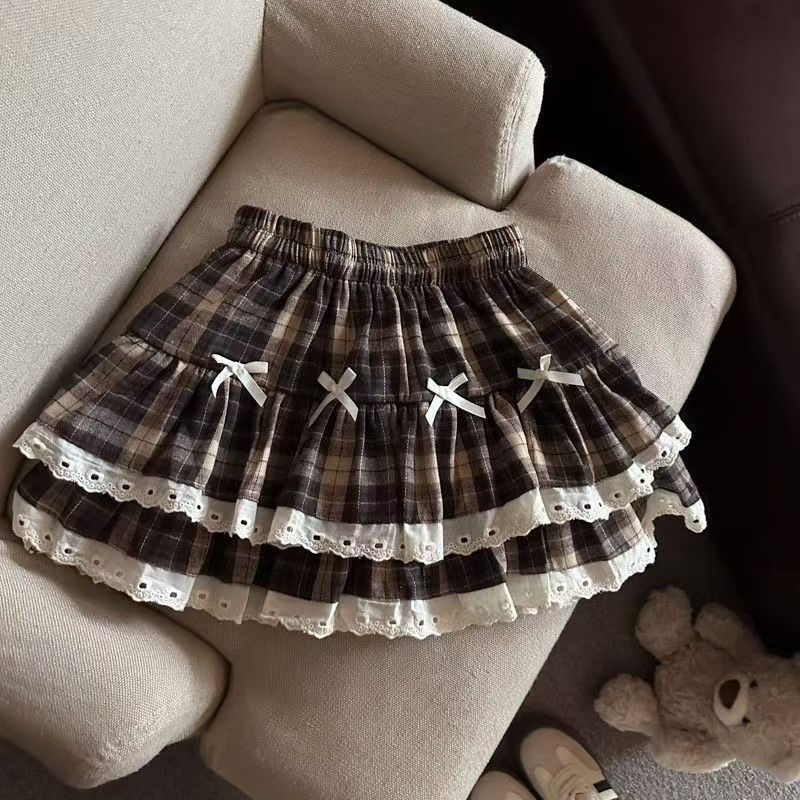 Süßer, cooler Kawaii Y2K Puff-Minirock für Damen, karierter Rock mit hoher Taille, Spitzen-Patchwork und Schleife, lässiger Dating-Rock, Lolita-Schul-Performance-Rock