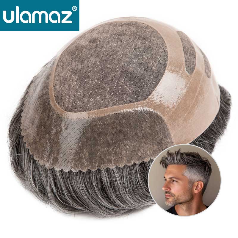 Prothèse capillaire durable en NPU mono pour homme, système capillaire naturel en cheveux humains fins, perruque pour homme avec cheveux gris