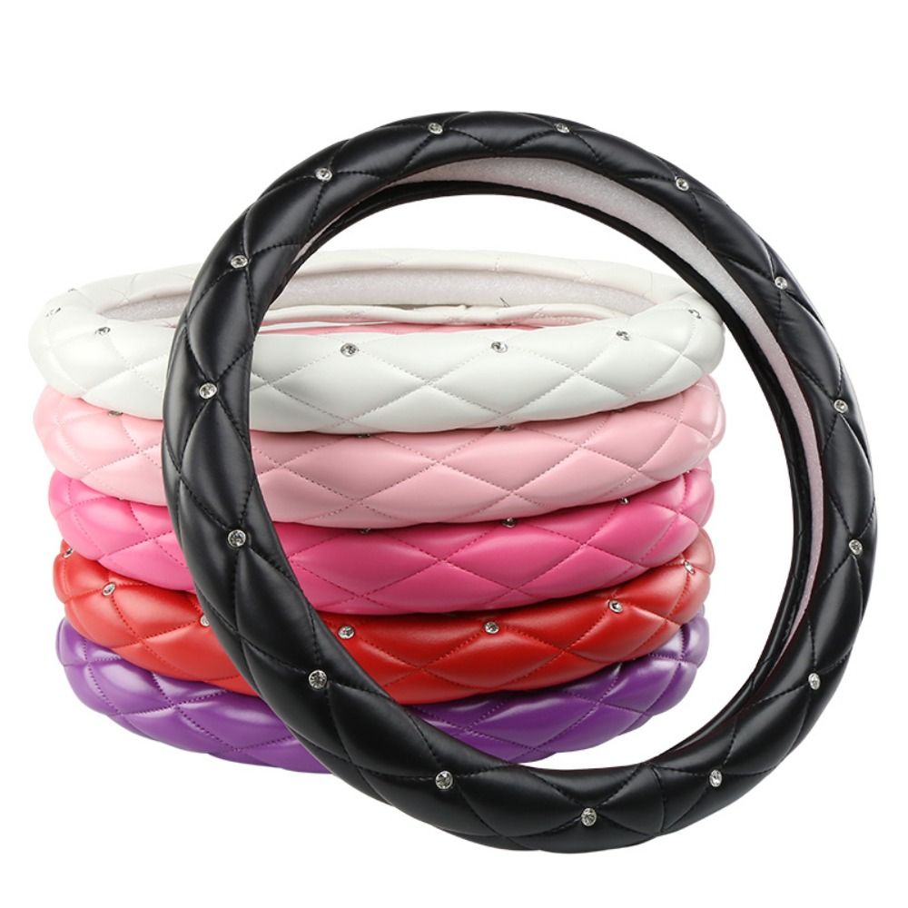 Fashion Women PU Leather Car Steering Wheel Cover Diamond Black Pink Auto Wheel Covers Cases for Lady Girls Car Accessories