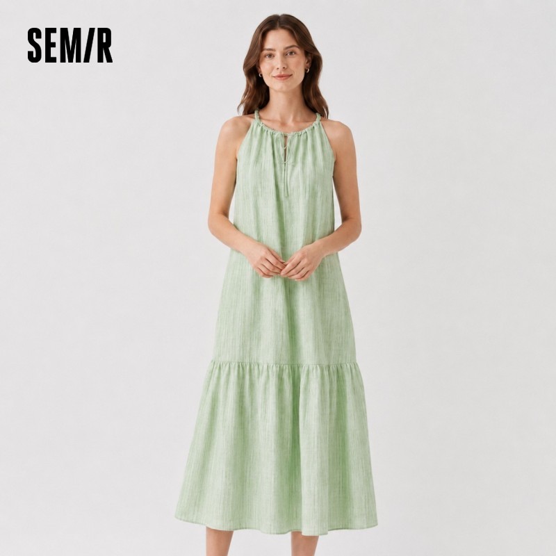 Gaun Wanita Semir dengan Aksen Pita, Tekstur Halter Neck, Model A-Line Maxi, Musim Panas 2026, Romantis, Segar, Elegan, Lembut, Nyaman, Atasan Liburan