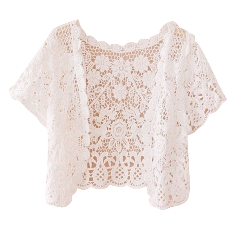 M2EA Womens Korte Mouwen Open Voorzijde Kant Vest Bloemen Haak Sheer Beach Cover Up Shrugs Crop Bolero Jassen Voor Jurken