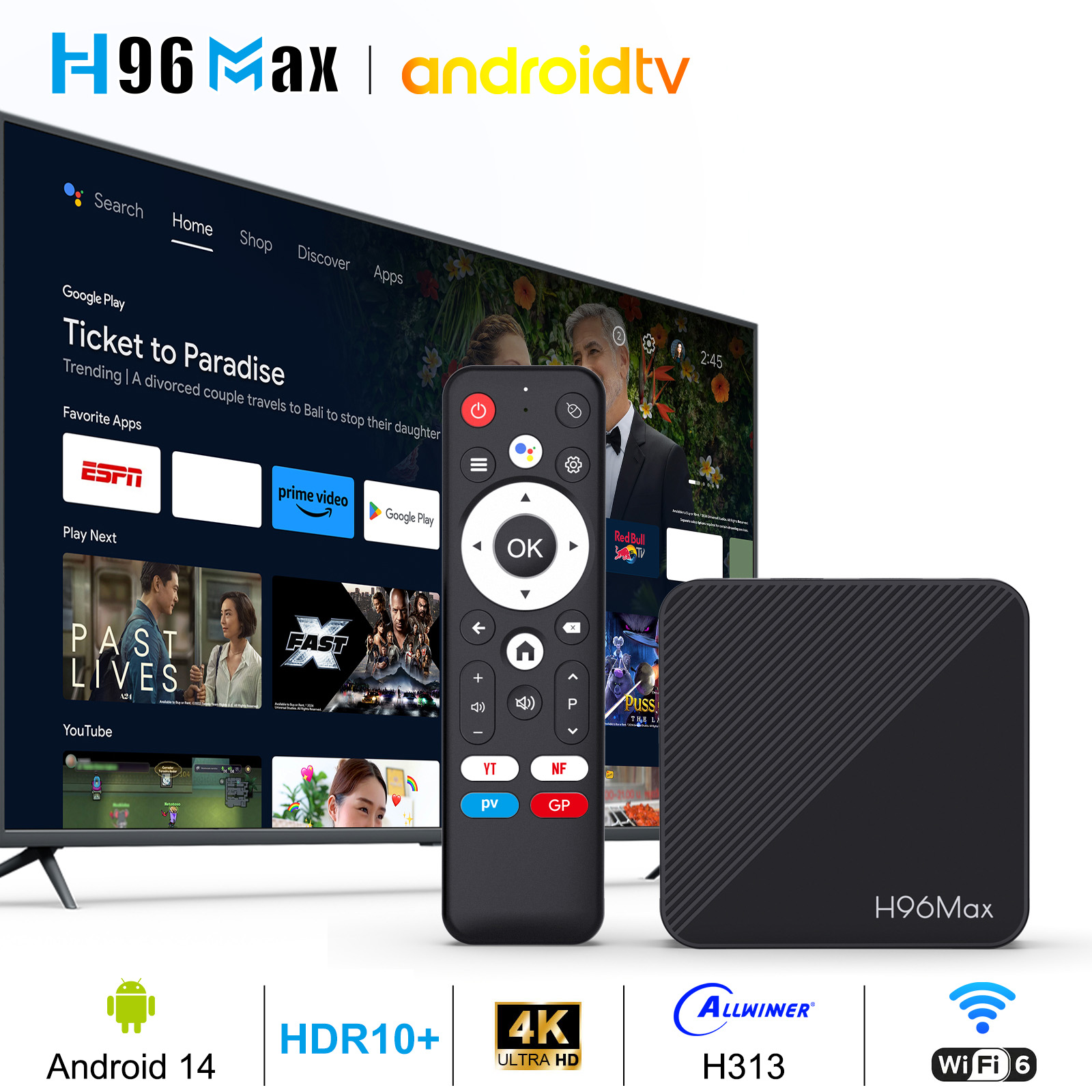 H96 MAX H313 Smart TV Box Android 14 ATV TV Box 4K @ 60fps 100M/LAN Wifi6 BT5.0 asistente de voz de Google reproductor multimedia decodificador