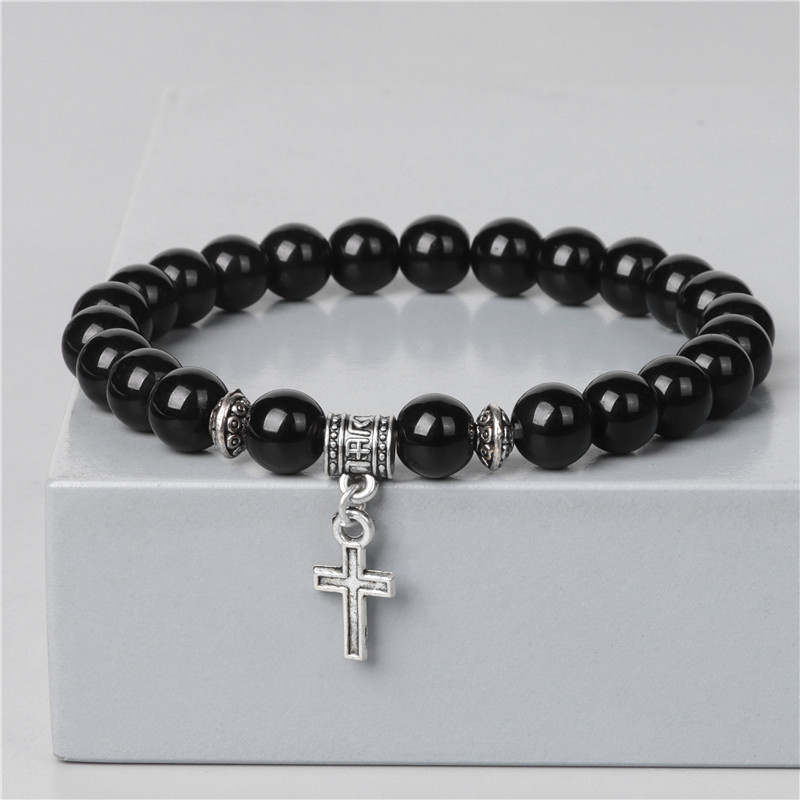 Contas de Pedra Natural Pulseira para Homens e Mulheres, Cor Sliver, Pingente Cruz, Pulseiras De Charme, Cura Oração Jóias, Moda