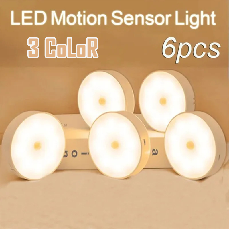 2～6個パック モーションセンサーLEDナイトライト USB充電式 3色ナイトランプ キャビネット/ワードローブ/階段/ワイヤレスクローゼットライト