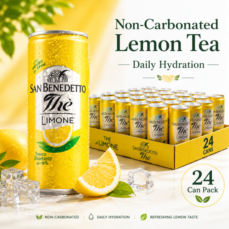 Niet-koolzuurhoudende San Benedetto The Limone citroenthee, een zachte alternatieve voor dagelijkse hydratatie voor volwassenen.