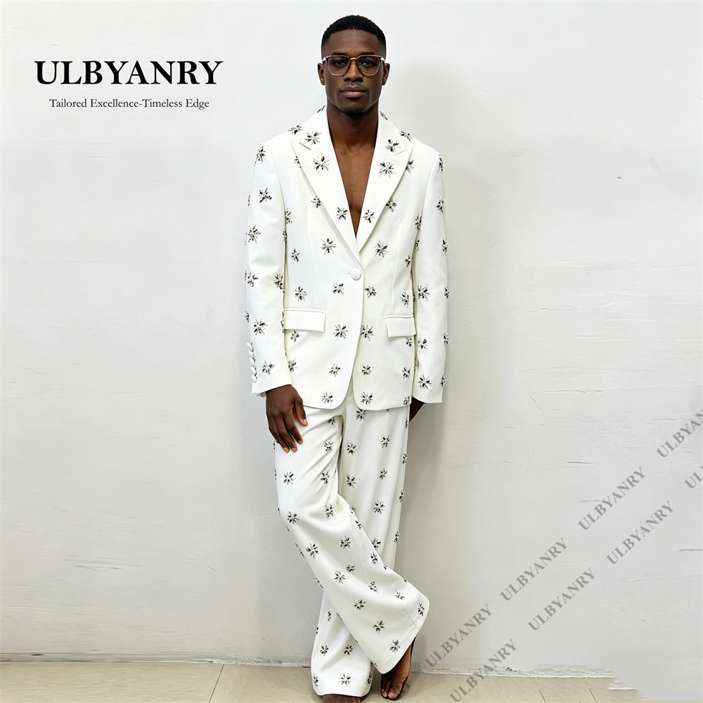 ULBYANRY Setelan Jas Pria Model Longgar dengan Kristal Mewah, Jas Satu Kancing Buatan Khusus, Setelan Formal Tuxedo Blazer Celana Panjang