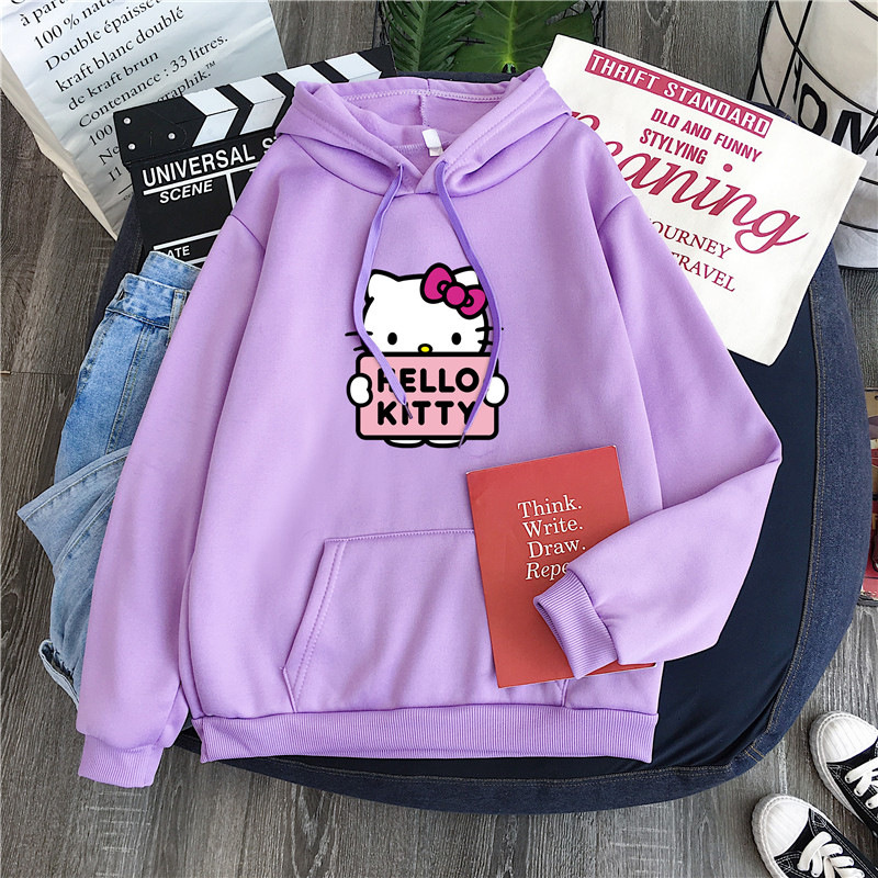 2024 새로운 캐주얼 여성 스웨터 Sanrio 헬로 키티 카와이 여성용 탑 귀여운 후드 패션 하라주쿠 긴 소매 플러스 사이즈