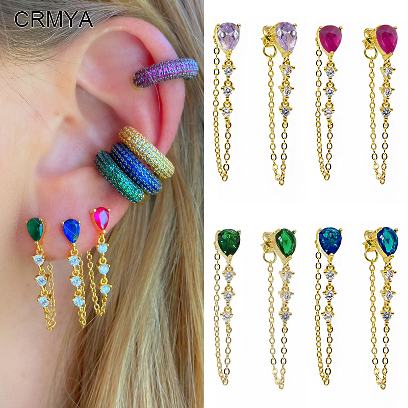 CRMYA Orecchini a catena iniziali placcati in oro rame per le donne Orecchini pendenti con piercing in zircone multicolore CZ 2025 Commercio all'ingrosso di gioielli