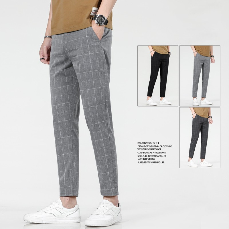 2026 New Men's Spring and Summer Slim Fit Pants Straight Leg Nine Inch Small Leg Trousers Trendy Versatile Checkered Pants