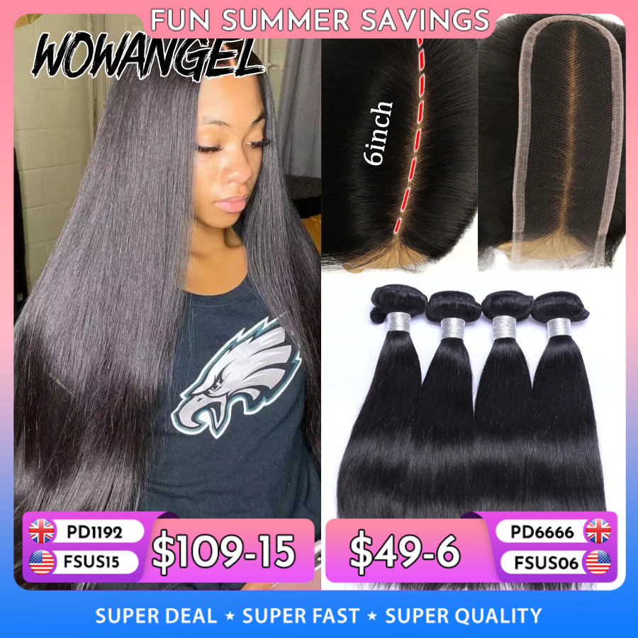 Wow anjo 2x6 hd fechamento de renda com pacotes de cabelo humano separação profunda derreter skins 30 32 polegada extensões de cabelo reto brasileiro