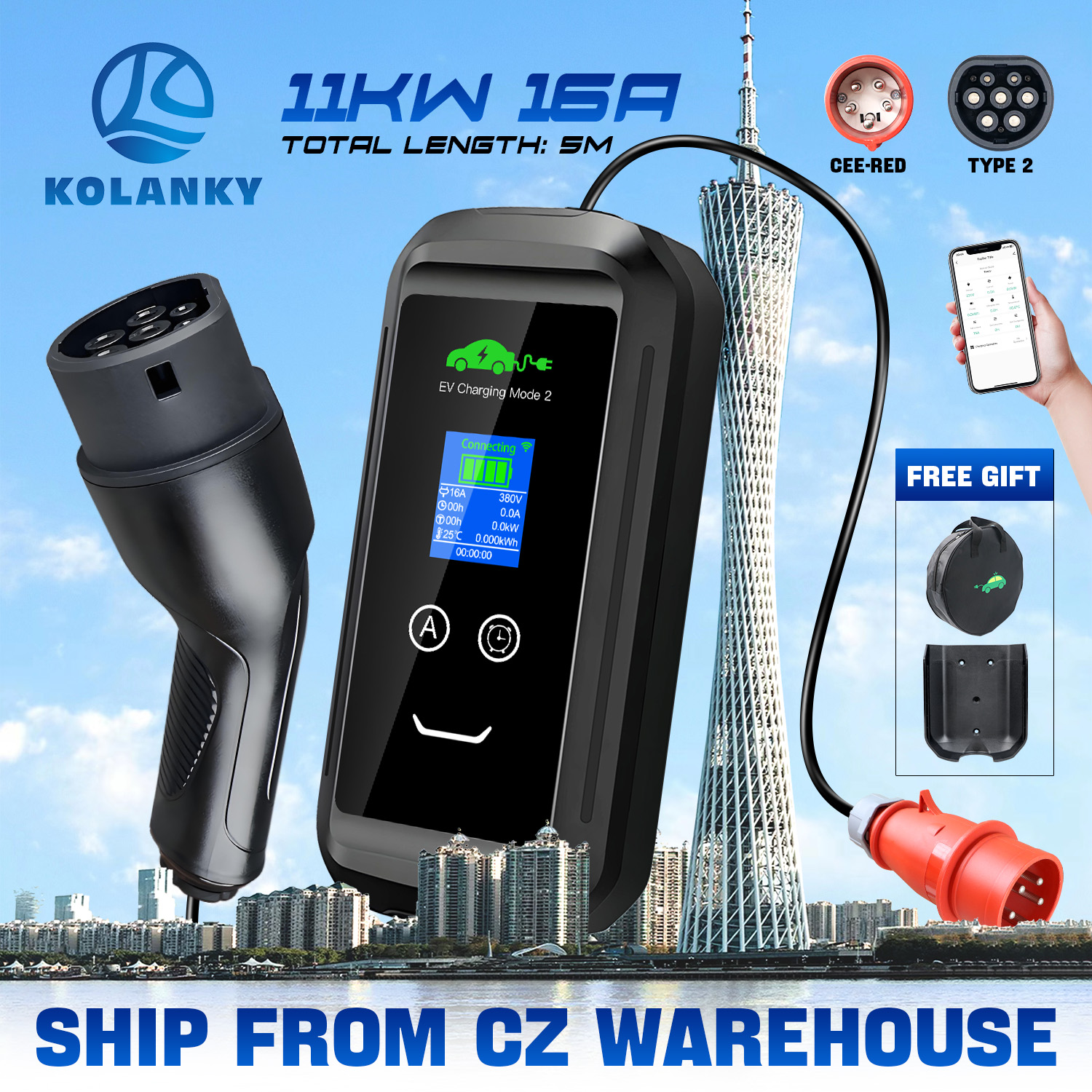 Kolanky 11KW 16A 3P caricatore portatile EV Wallbox Wallmount IEC 62196 Type2 spina Tuya APP WIFI ricarica cavo per veicoli elettrici 5M
