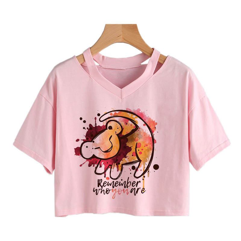 Kaus Crop Top warna Pink Disney The Lion King T-shirt Harajuku Crop Top pakaian Wanita kaus Harajuku Hakuna Matata