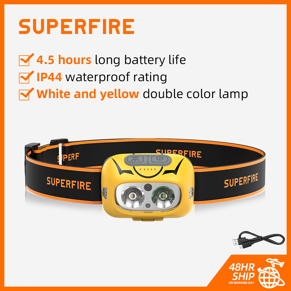 SuperFire HL05-S LED-Stirnlampe, Induktion, starkes Licht, Aufladen, weißes und gelbes Doppellicht, am Kopf montiertes Nachtangeln