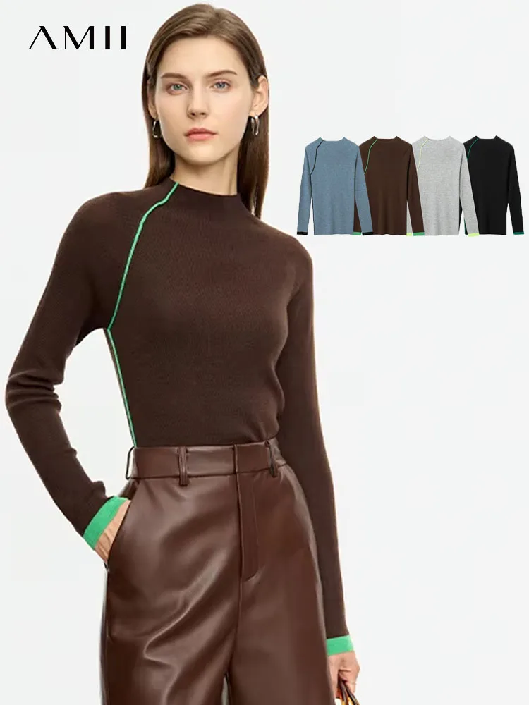Amii Minimalism 2025 Autumn  Women Sweaters Simple Long Sleeve  Pullovers Slim Patchwork Sweaters Splice Knitted Tops 12423127