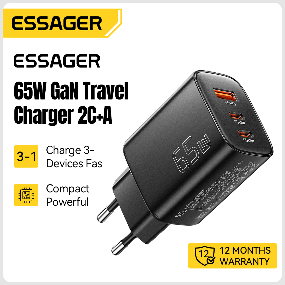 Essager 65W GaN-oplader Snel opladen USB-oplader Type C-oplader Draagbare snellader voor laptop iPhone 17 16 15 Macbook-tablet