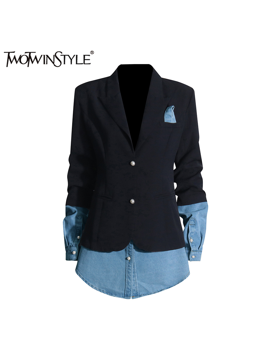 TWOTWINSTYLE Colorblock Patchwork Denim Blazer Für Frauen Kerb Kragen Langarm Verstärktes Taste Chic Blazer Weibliche Mode