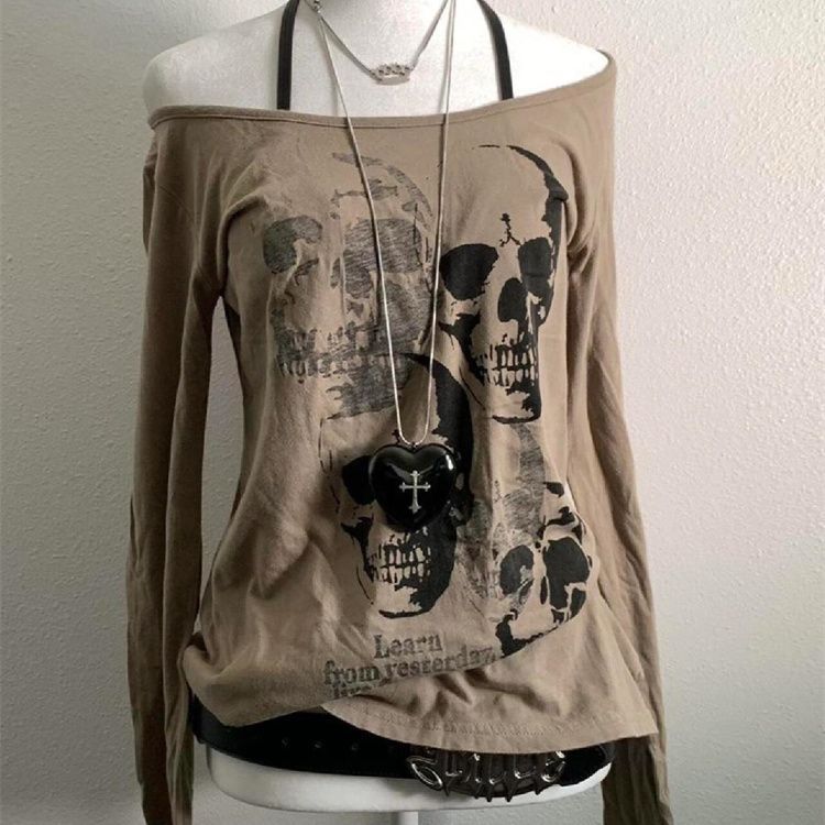T-shirts vintage imprimés crâne Street Hottie Grunge Harajuku pour femmes, esthétique Y2K, décontractés moulants, hauts punk à épaules dénudées