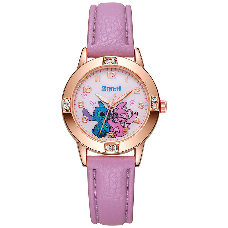 Padrão dos desenhos animados ponto meninas relógios para crianças pulseira de couro relógio com strass dial reloj stich presente requintado