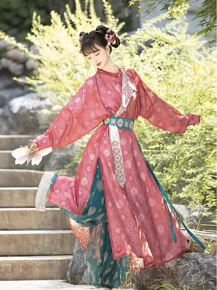 Hanfu Tradicional Chino para Mujer, Estilo Dinastía Tang, Cuello Redondo, Túnica Roja y Verde, Disfraz Antiguo para Cosplay y Uso Diario en Verano