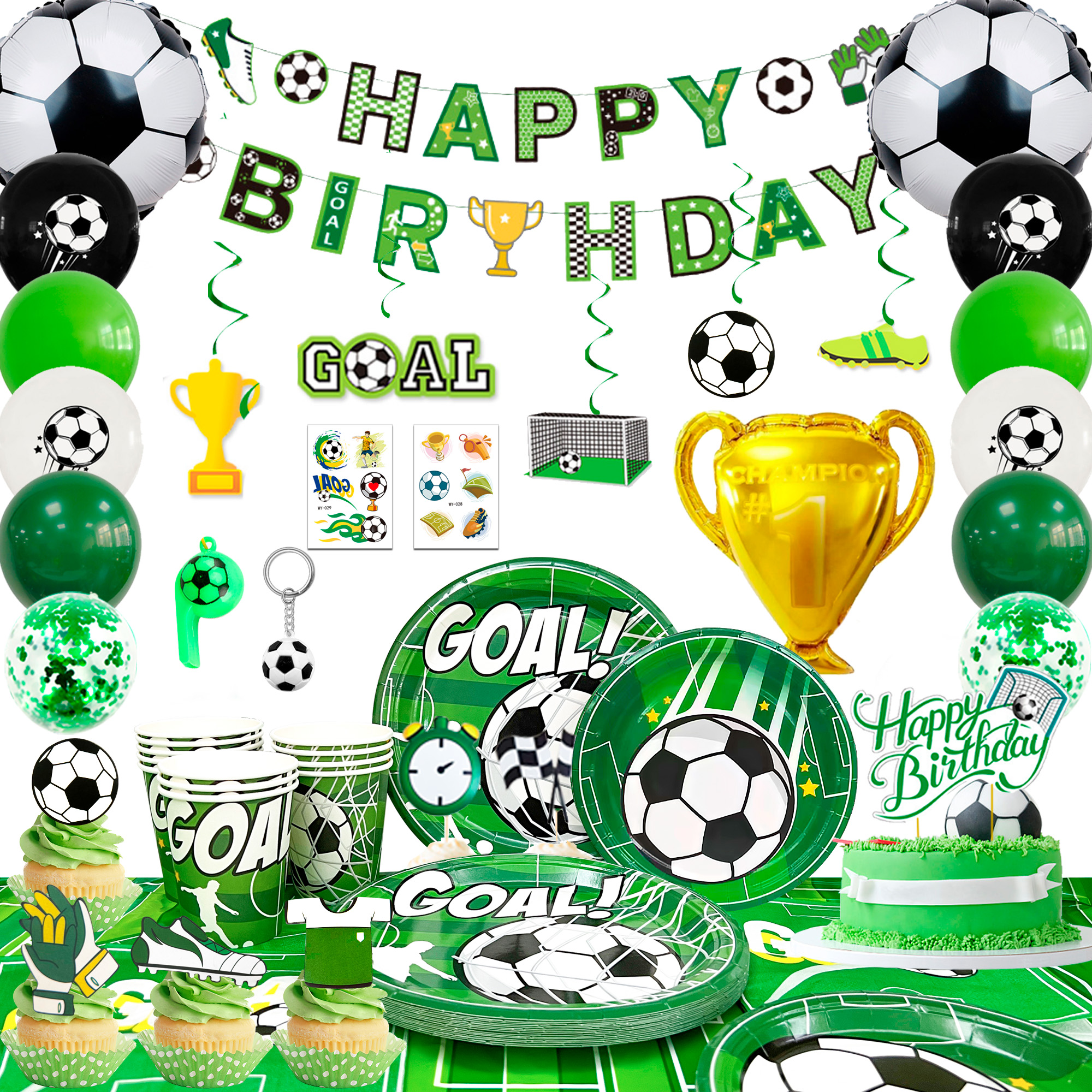 Fußball-Partydekorationen, 113 Stück Partydekorationen und Geschirr-Set – Fußball-Geburtstagsbanner, Luftballons, Pfeife, Schlüsselanhänger, Teller usw