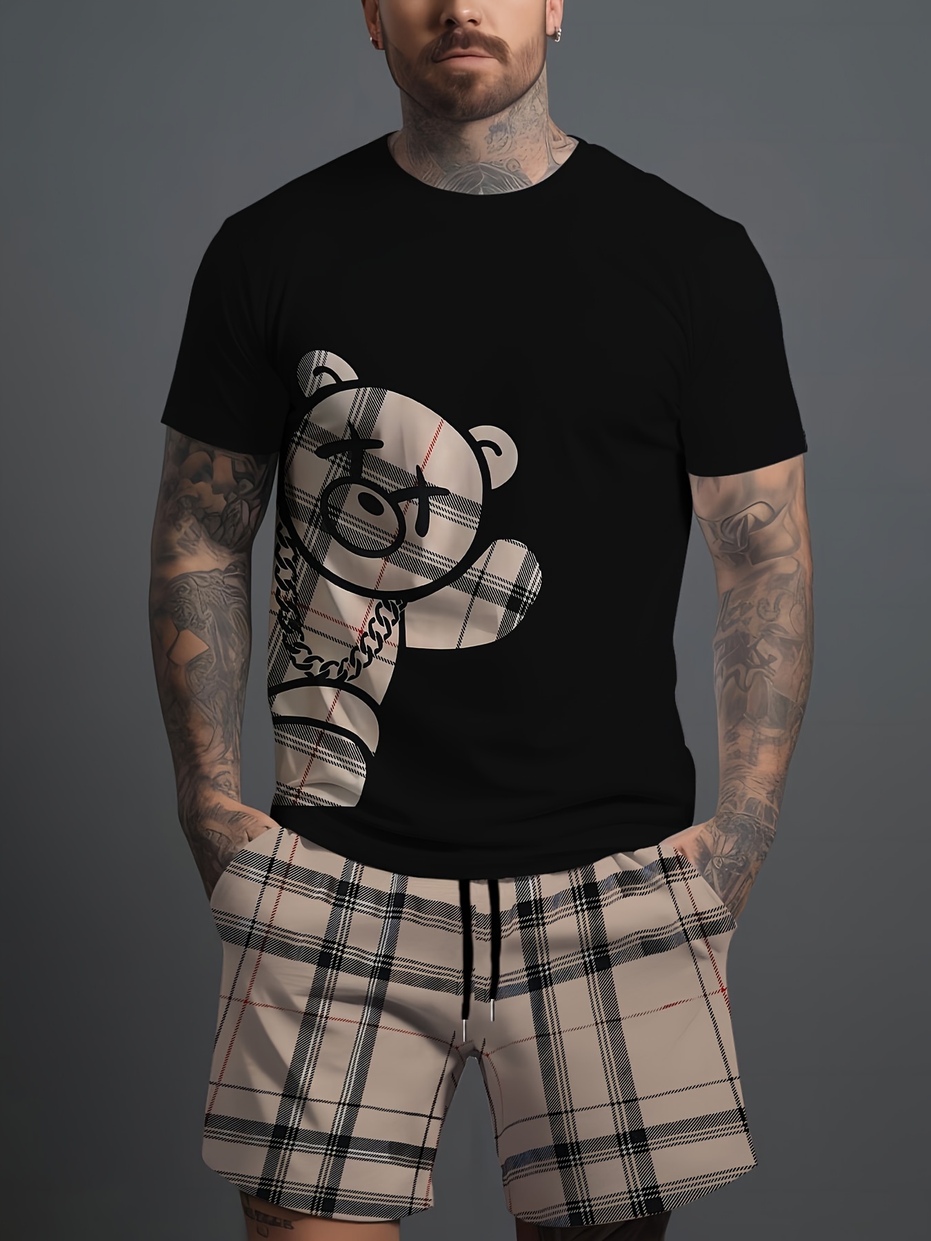 Completo Sportivo Estivo 2026 Casual a Maniche Corte, Traspirante e alla Moda, Vestibilità Ampia, Asciugatura Rapida, da Uomo, con Stampa Orsetto Hip-Hop
