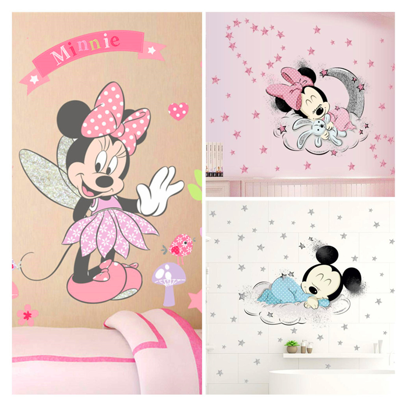 Kartun Disney Mickey Mouse Minnie Bayi Tidur Stiker Dinding untuk Kamar Anak-anak Dekorasi Wallpaper Lucu Diri Perekat DIY Stiker Mural