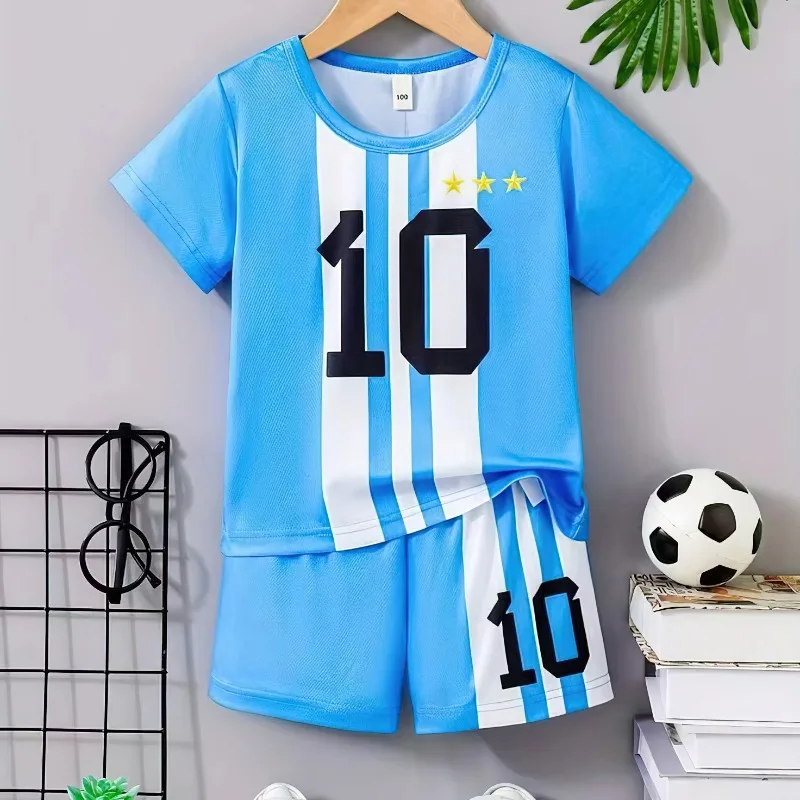 Dwuczęściowy letni zestaw treningowy dla dzieci z nadrukiem 3D Messi i Ronalda, oddychająca, pochłaniająca pot odzież sportowa dla chłopców.