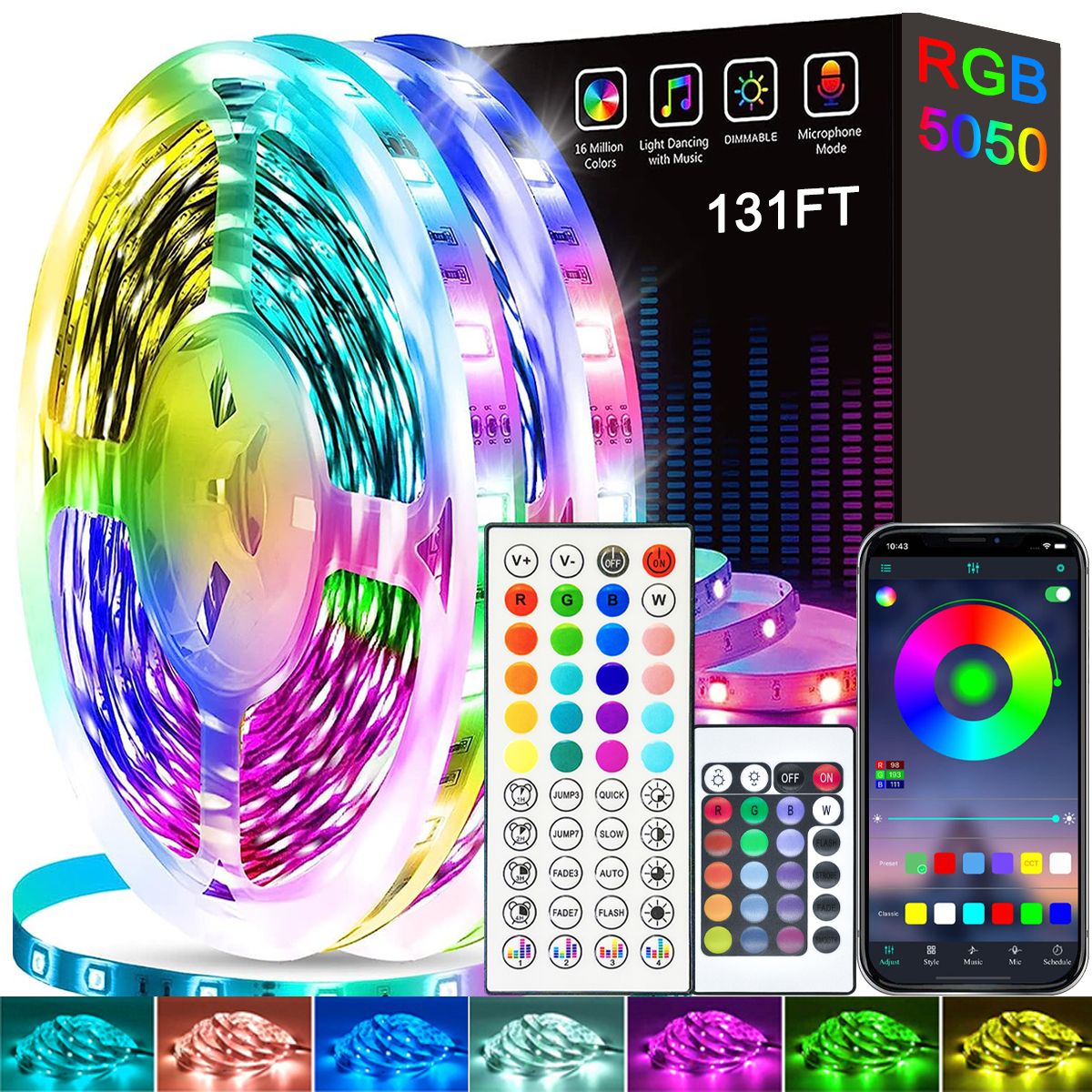 Tira de luces LED de 40M/131 pies, Control por aplicación, cambio de Color, luz Led RGB, cinta de lámpara Flexible para decoración de habitación, diodo de retroiluminación de TV