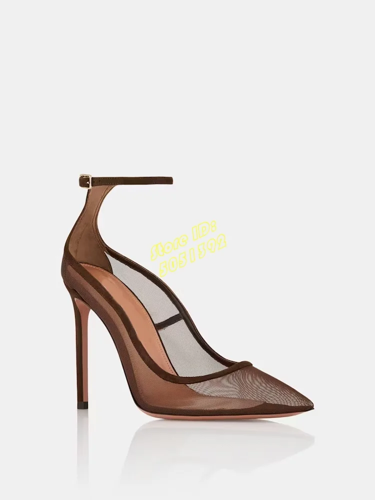 Air Mesh Stiletto Heel Pumps Ankle Buckle Strap Stiletto Thin High Heel 2025 Runway Spring Dress Shoes Sexy Pointy Toe Shoes