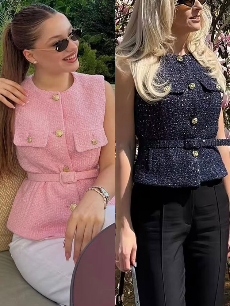 Colete Feminino Elegante Retrô de Tweed com Cintura Ajustada e Botões, Estilo Clássico Casual Vintage para Festas