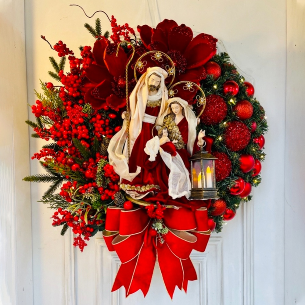 Heißer verkauf Rot Weihnachten Kranz Jesus Heiligen Kranz Hause Tür Hängen Künstliche Girlande Weihnachten Home Dekoration Partei Liefert