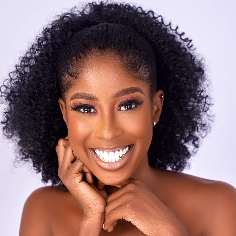 Extensión de Cola de Caballo Sintética Afro Rizada con Cordón Ajustable para Mujeres Negras, Peinado Corto con Dos Clips