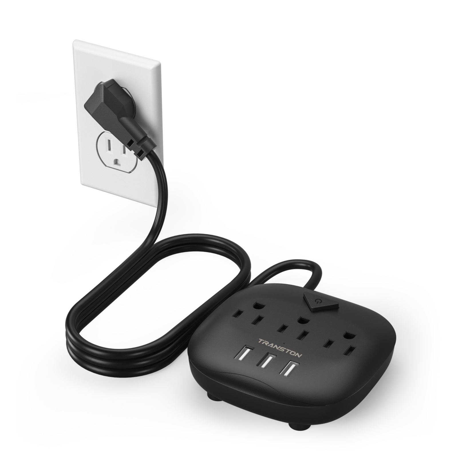 Multiprise TRANSTON avec interrupteur, 3 prises, 3 ports USB, cordon d'extension de 3,3 pieds, charge rapide, résistante au feu, pour la maison