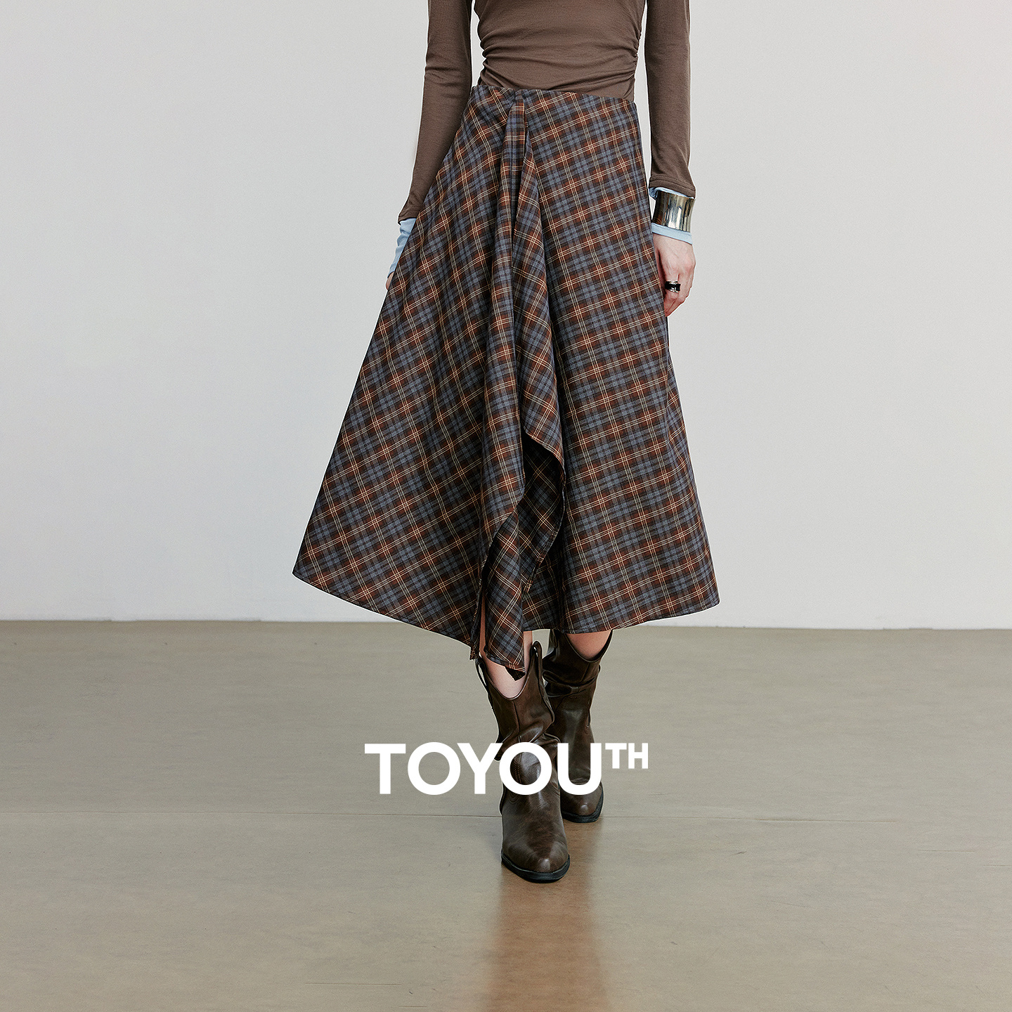 TOYOUTH Gonna da donna alla caviglia 2025 Autunno New Wave Style Retro Grid A Line Gonna ombrello irregolare